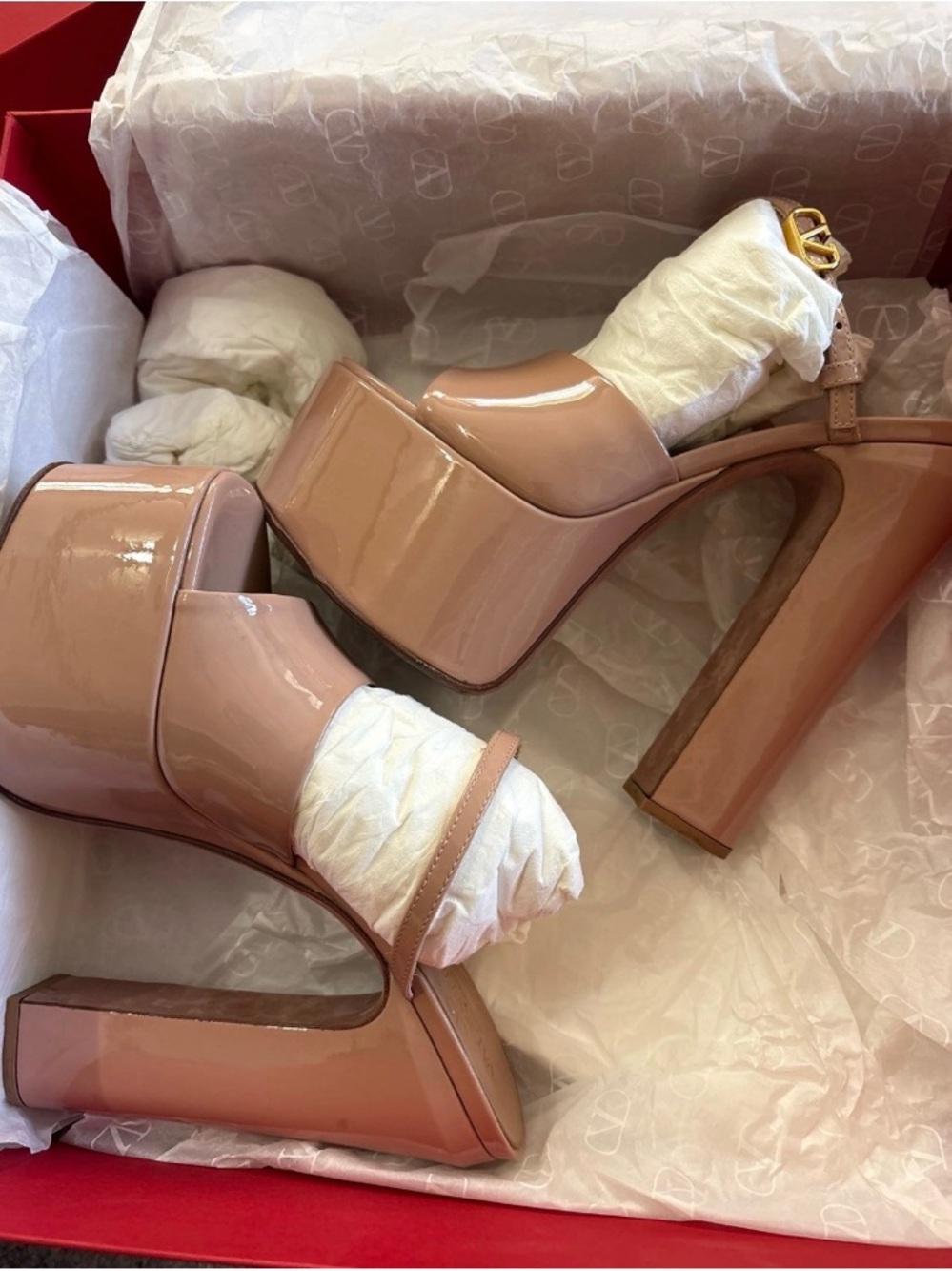 Valentino Garavani Blush Patent Platform Sandal with Gold V Buckle